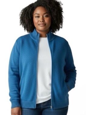 D&Co Blue Zip Front Cardigan Sweater XL Ribbed Collar Pockets